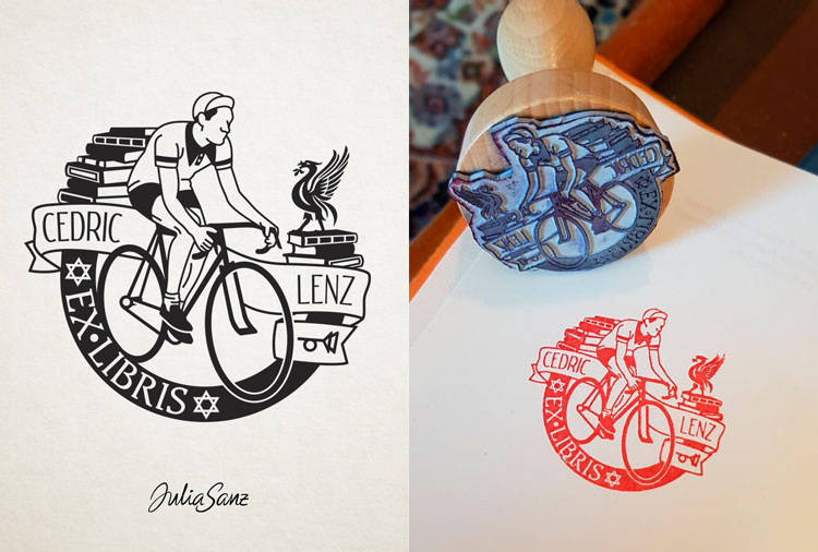 Ex libris stamp about a cyclist with some books and symbols around