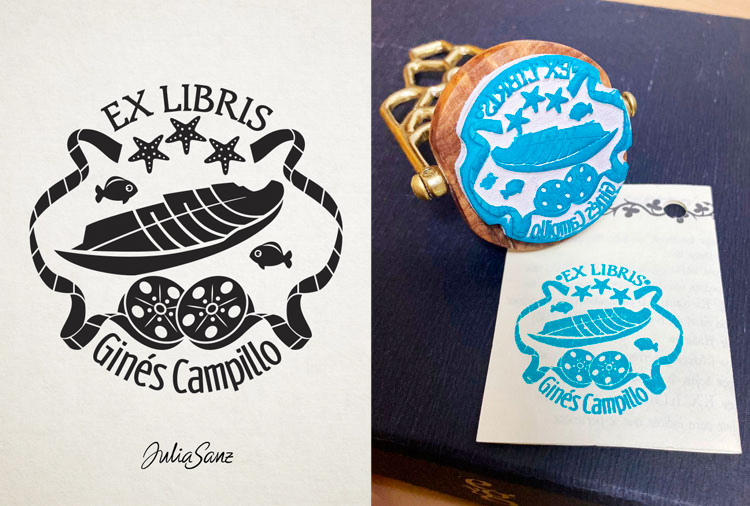 Ex libris stamp with the design of a sunken ship with fish around it and old film tapes.
