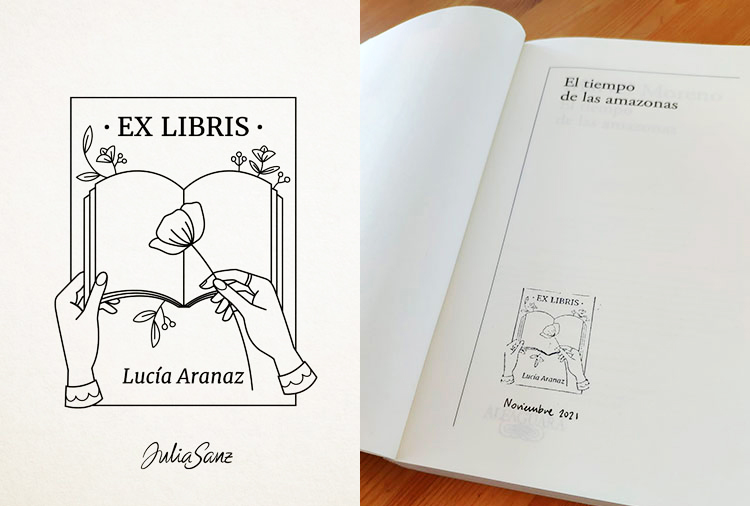 Ex libris stamp with the design of hands holding a book and a flower. Some flowers come out from inside the book.