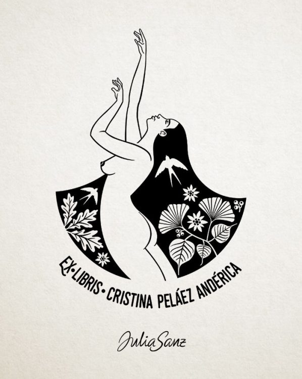 Ex libris stamp about a nude woman with long hair. In her hair there are leaves, flowers and birds.