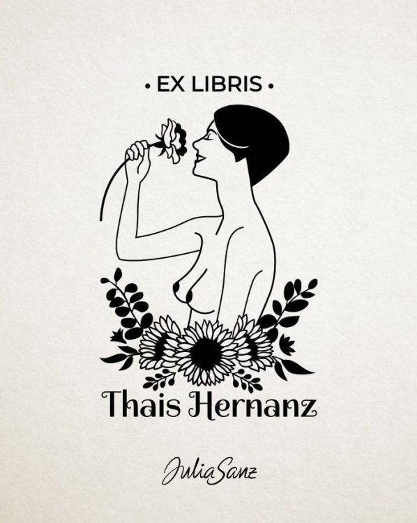 Ex libris stamp about a naked woman smelling a flower and with short hair. She has some flowers around her.